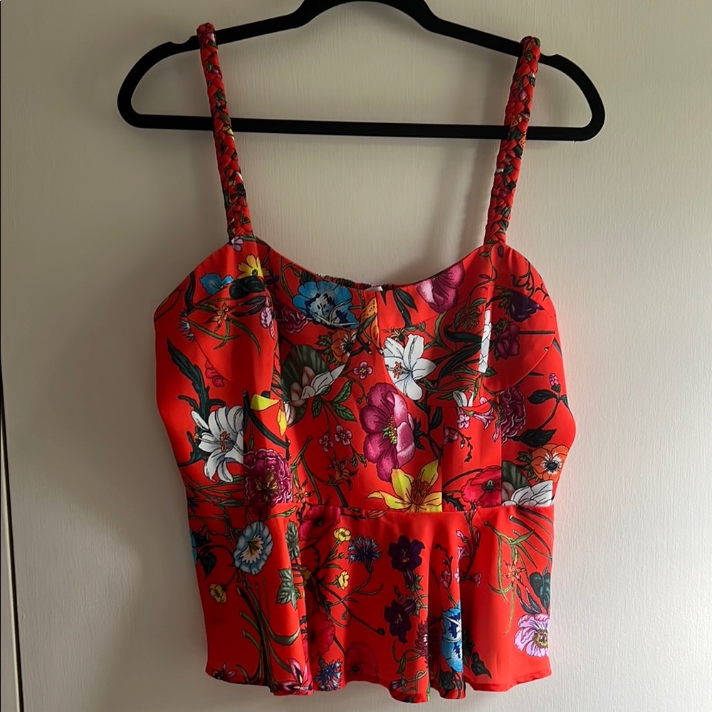 Anthropologie Red and White Camisole Crop Peplum Top